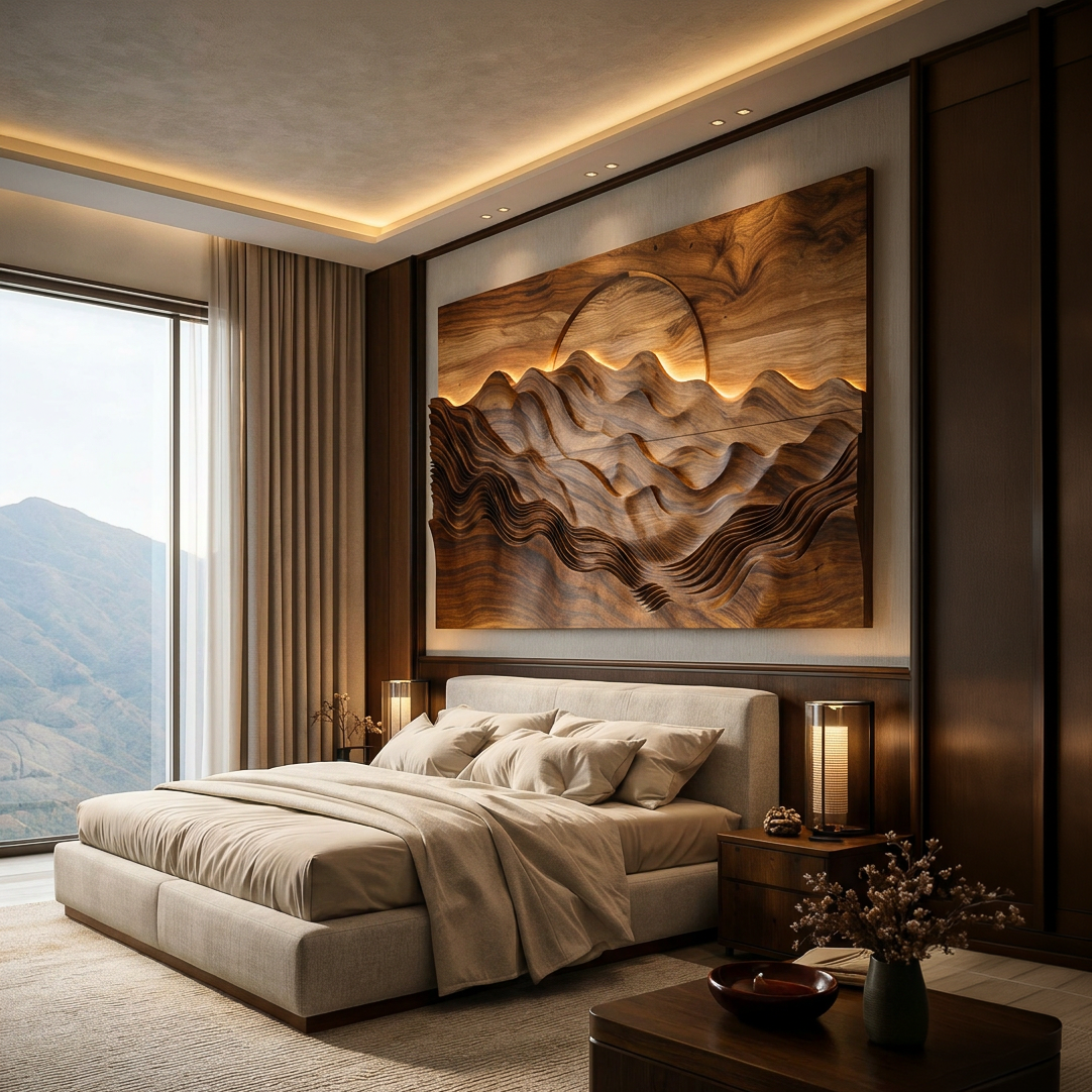 Hand Carved Wooden Mountain Landscape Wall Art for Bedroom RTTHTTWA109