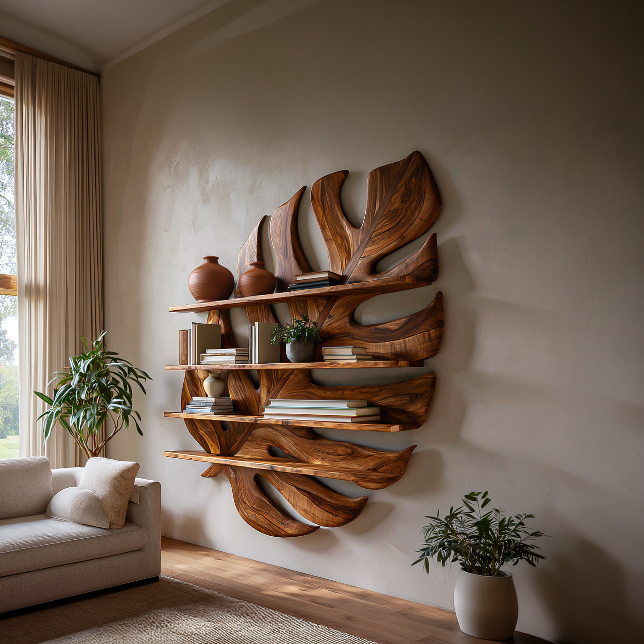 Large Wooden Tropical Leaf Bookshelf For Living Room RTTHTTBS084