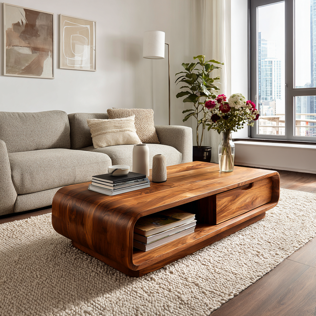 Coffee Table With Drawer Curved Silhouette For Contemporary Interior RTTHTTCF045