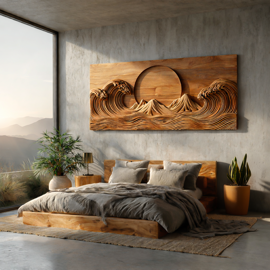 Modern Wooden Ocean Wave Wall Art Hand Carved For Bedroom Decor RTTHTTWA115