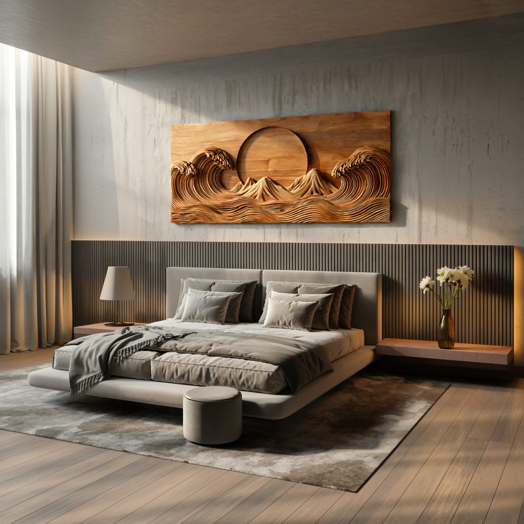 Modern Wooden Ocean Wave Wall Art Hand Carved For Bedroom Decor RTTHTTWA115