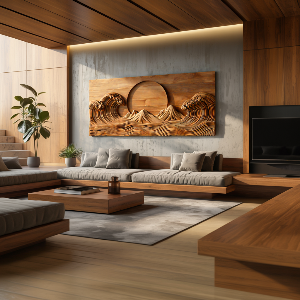 Modern Wooden Ocean Wave Wall Art Hand Carved For Bedroom Decor RTTHTTWA115