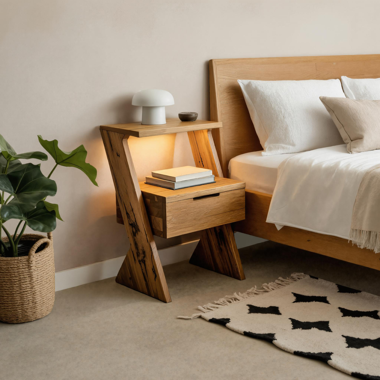 Modern Solid Wood Nightstand With Drawer And Shelf For Bedroom SITHTTNS009