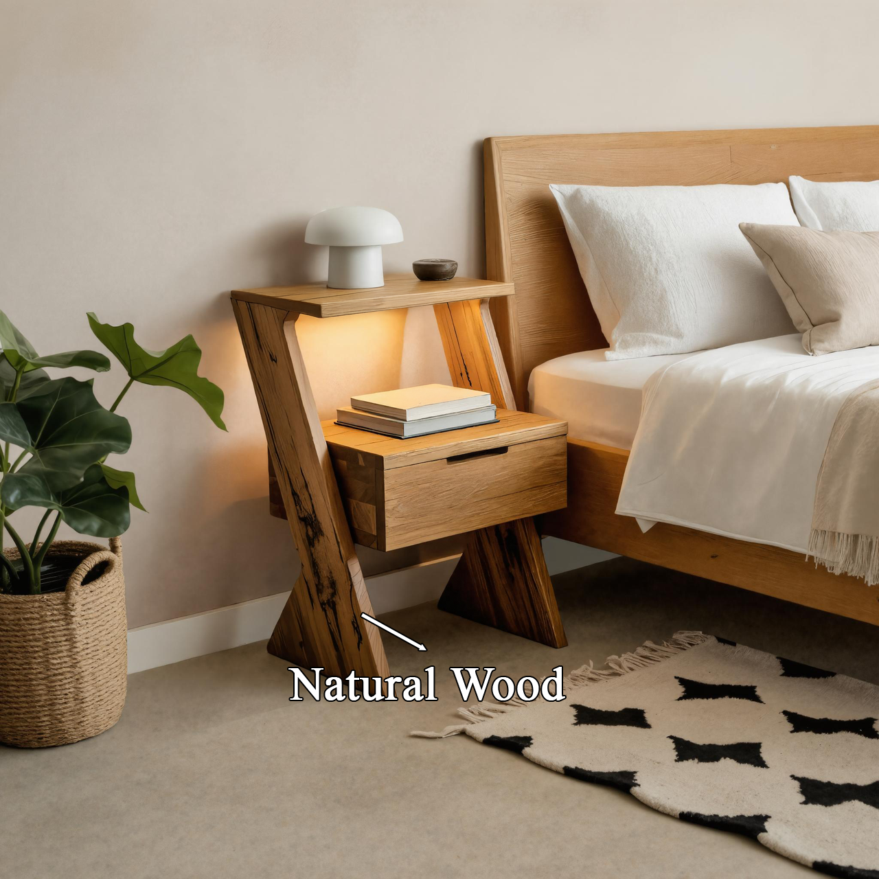 Modern Solid Wood Nightstand With Drawer And Shelf For Bedroom SITHTTNS009