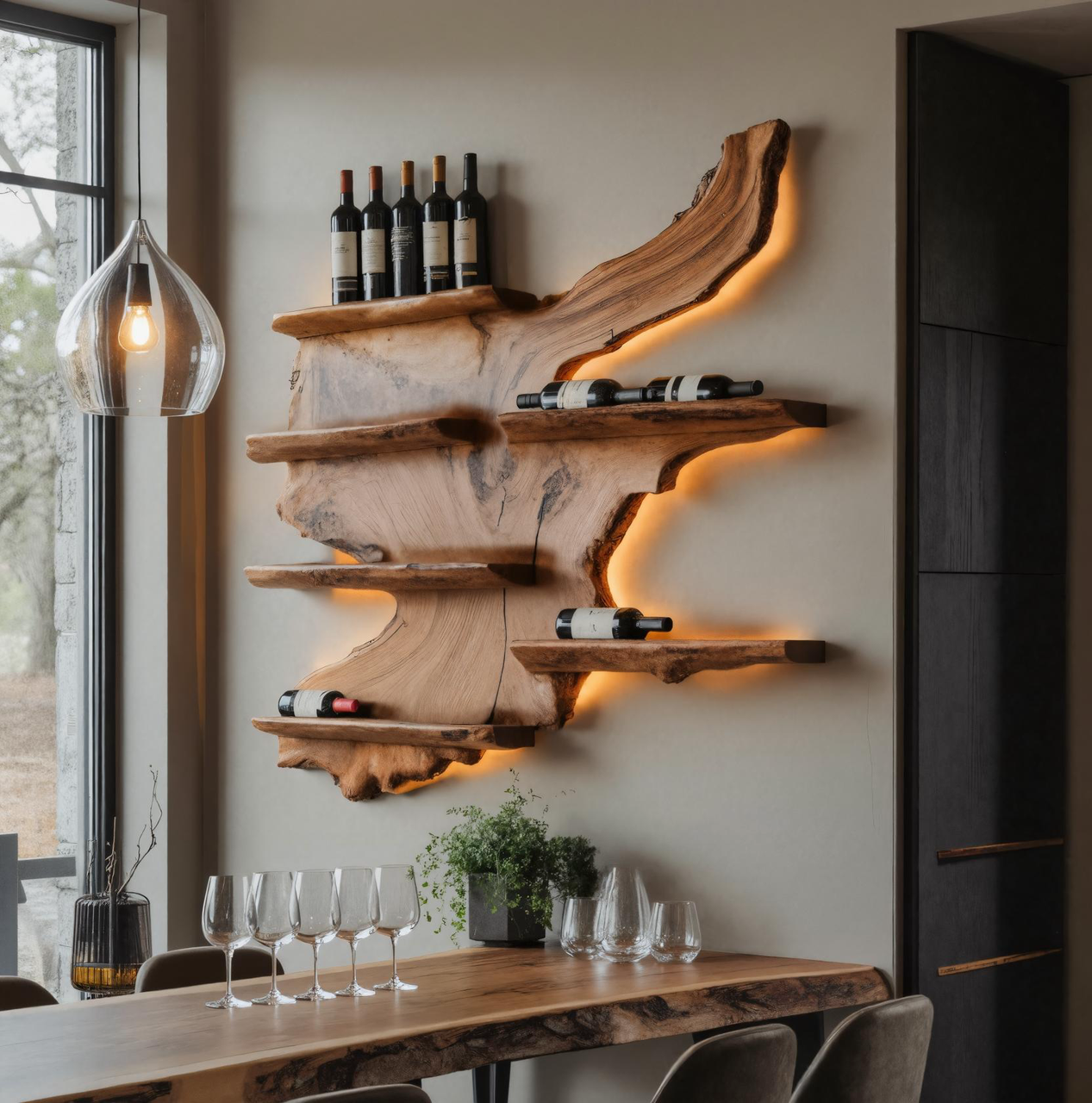 Rustic Live Edge Wine Rack Shelf With LED For Bar SITHHNFL015