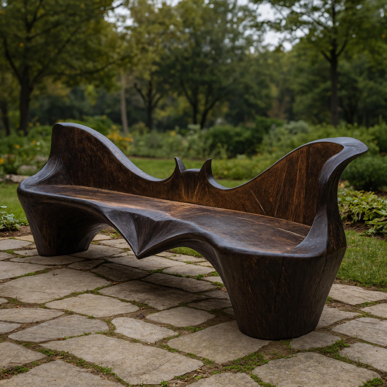 Artistic Sculpted Solid Wood Outdoor Bench With Organic Design For Garden Or Patio SITHHNCHR033