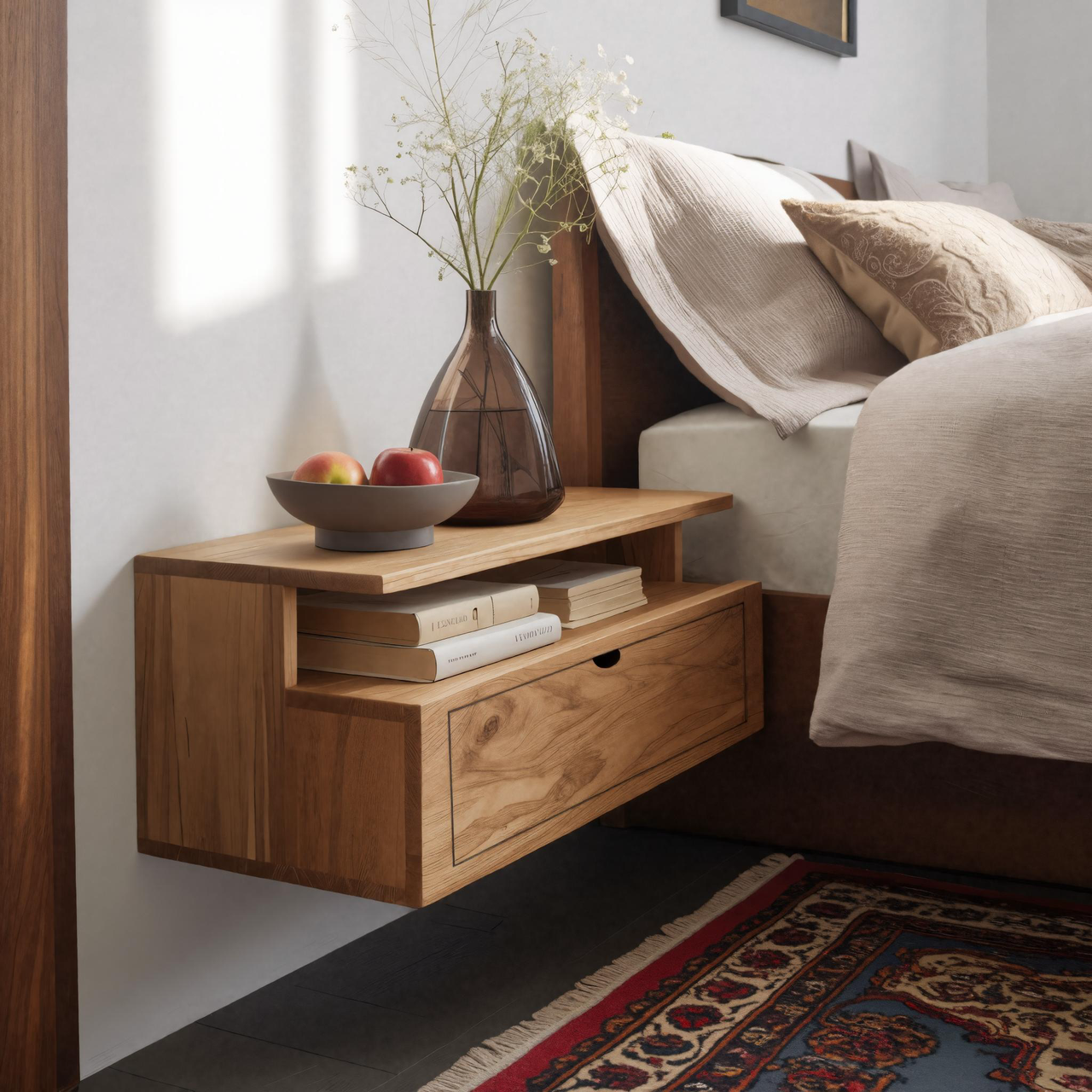 Floating Wooden Nightstand With Drawer And Shelf For Minimalist Bedroom SITHHNNS008