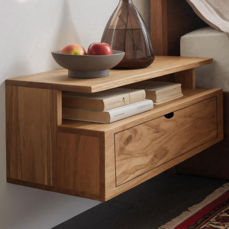 Floating Wooden Nightstand With Drawer And Shelf For Minimalist Bedroom SITHHNNS008