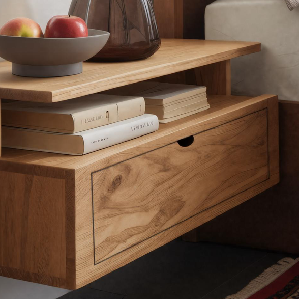 Floating Wooden Nightstand With Drawer And Shelf For Minimalist Bedroom SITHHNNS008