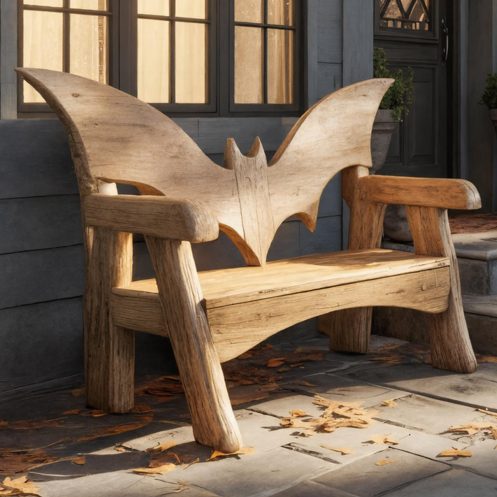 Rustic Carved Wooden Bat Bench Gothic Design For Porch Or Garden SITHTTHW005