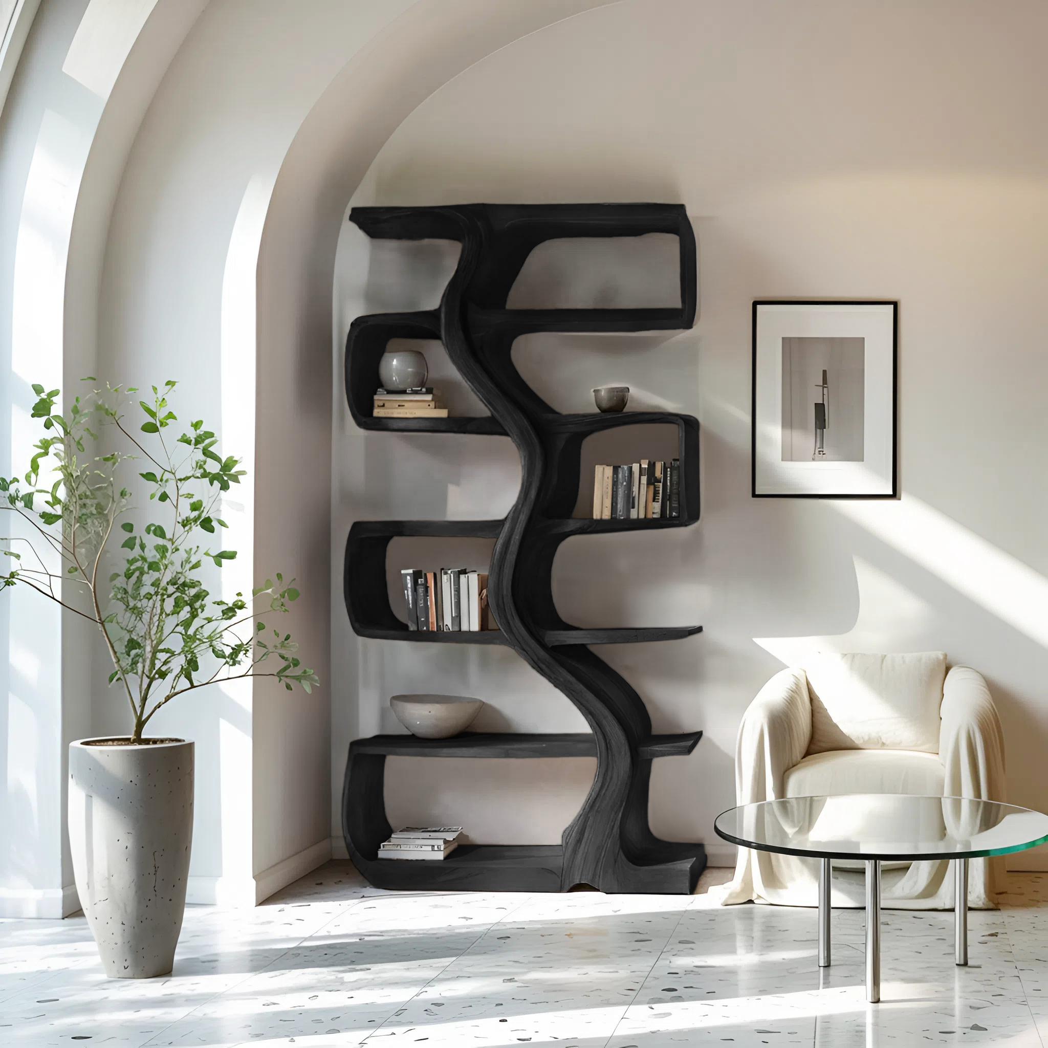 Organic Sculptural Bookshelf With Wavy Design For Living Room SITHHNBS069