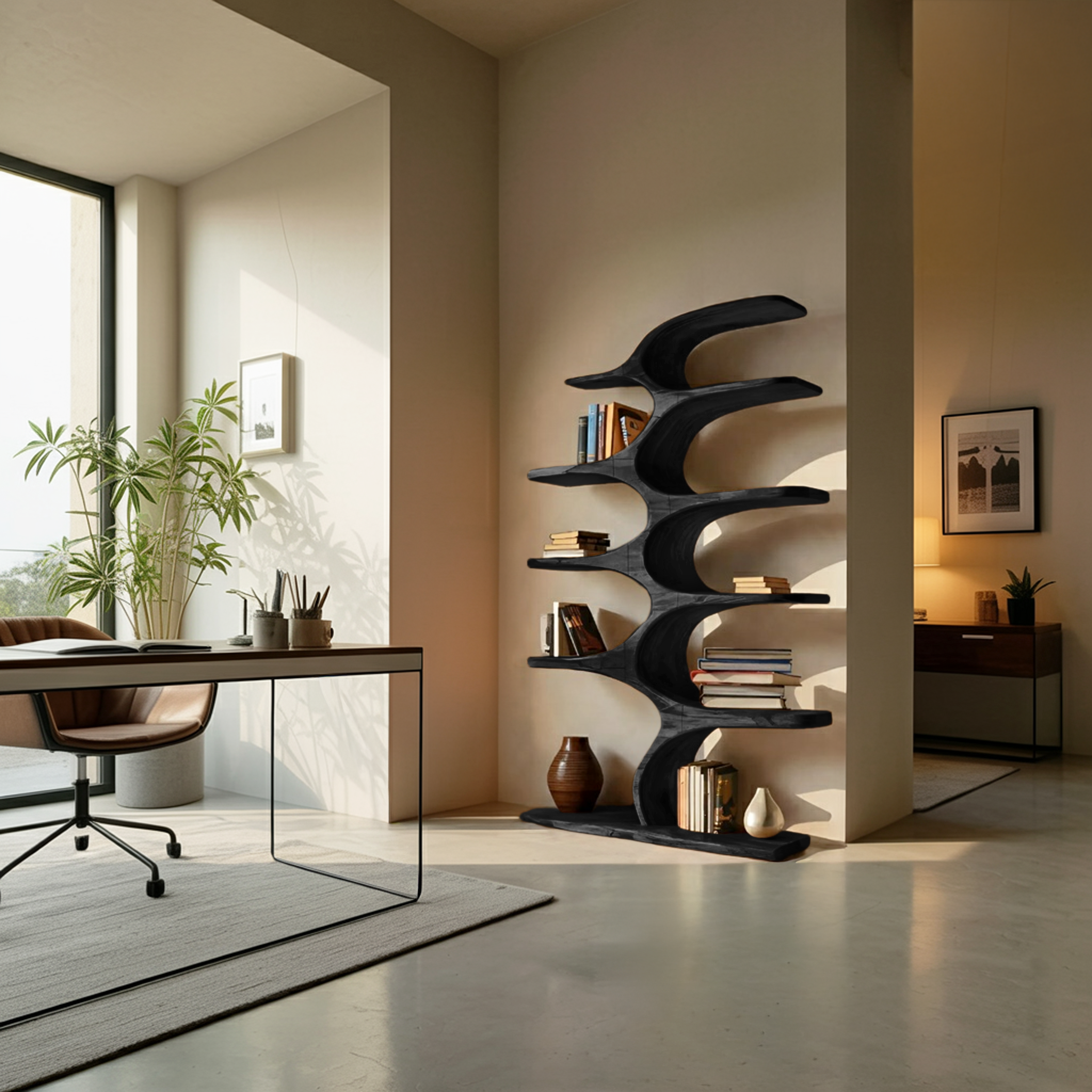 Artistic Curved Bookshelf Fluid Lines Statement For Designer Interiors RTTHTTBS050