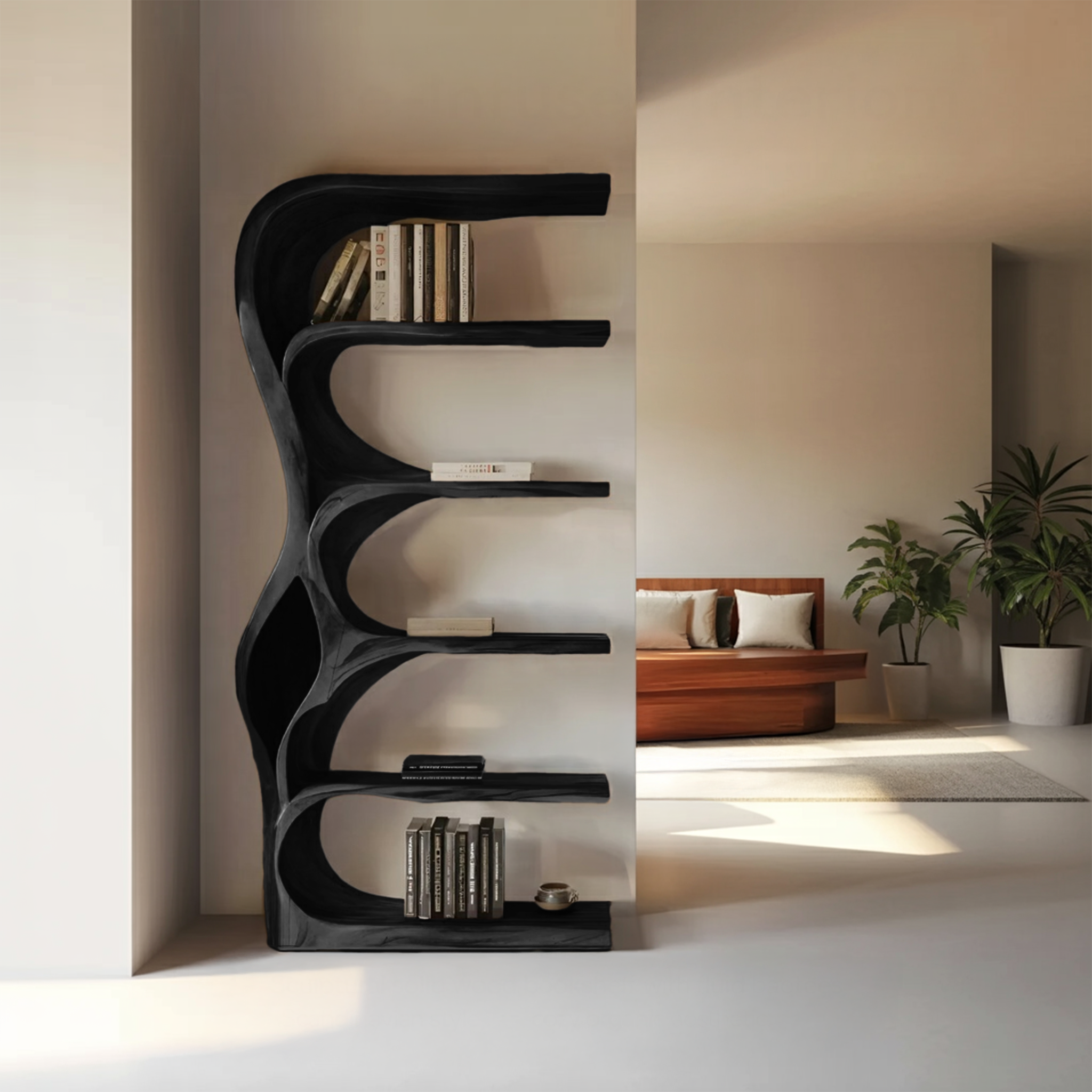 Organic Bookshelf With Curved Open Shelving For Bedroom Decor SITHHNBS067