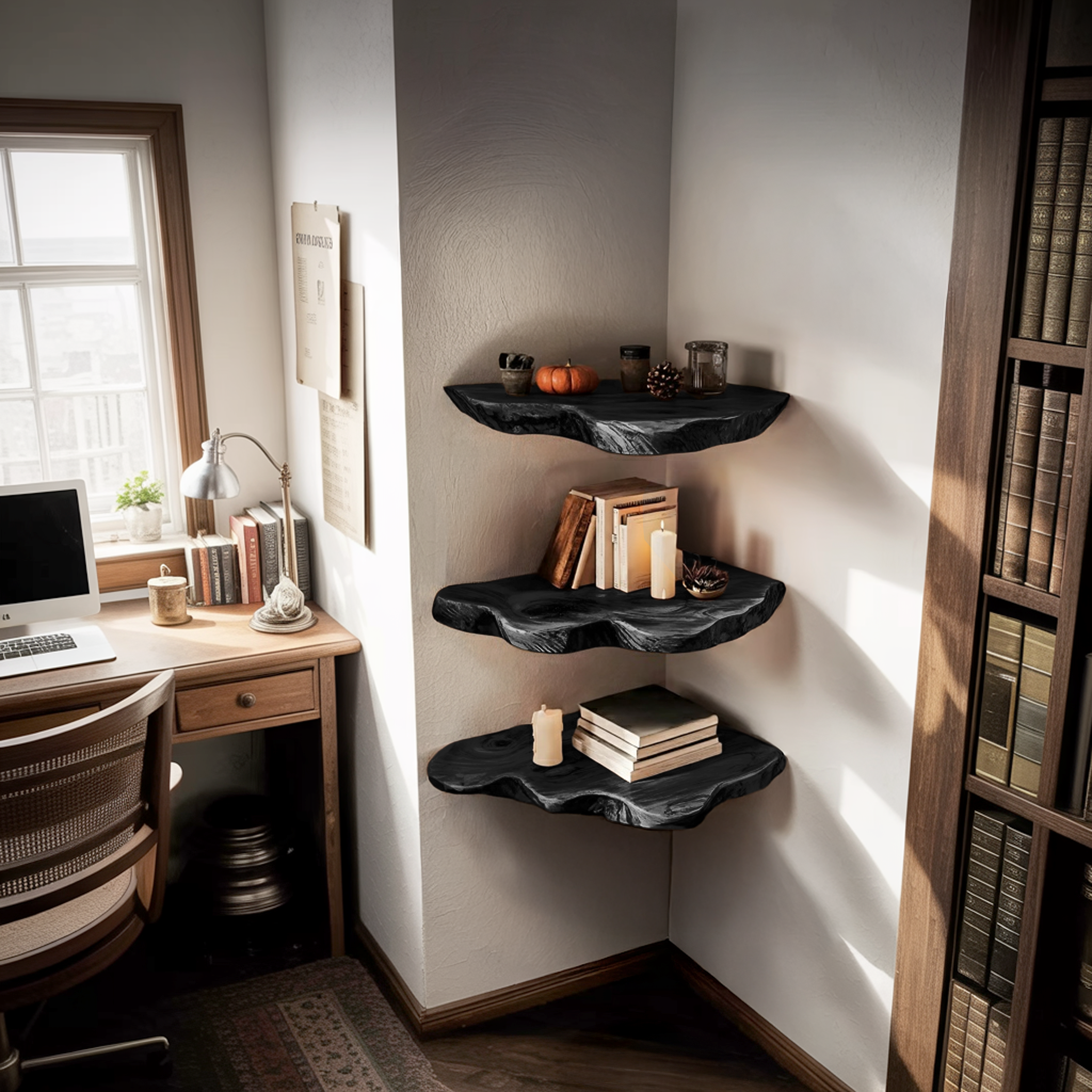 Handcrafted Wooden Live Edge Corner Shelf For Furniture Decor SILDTTRCN003