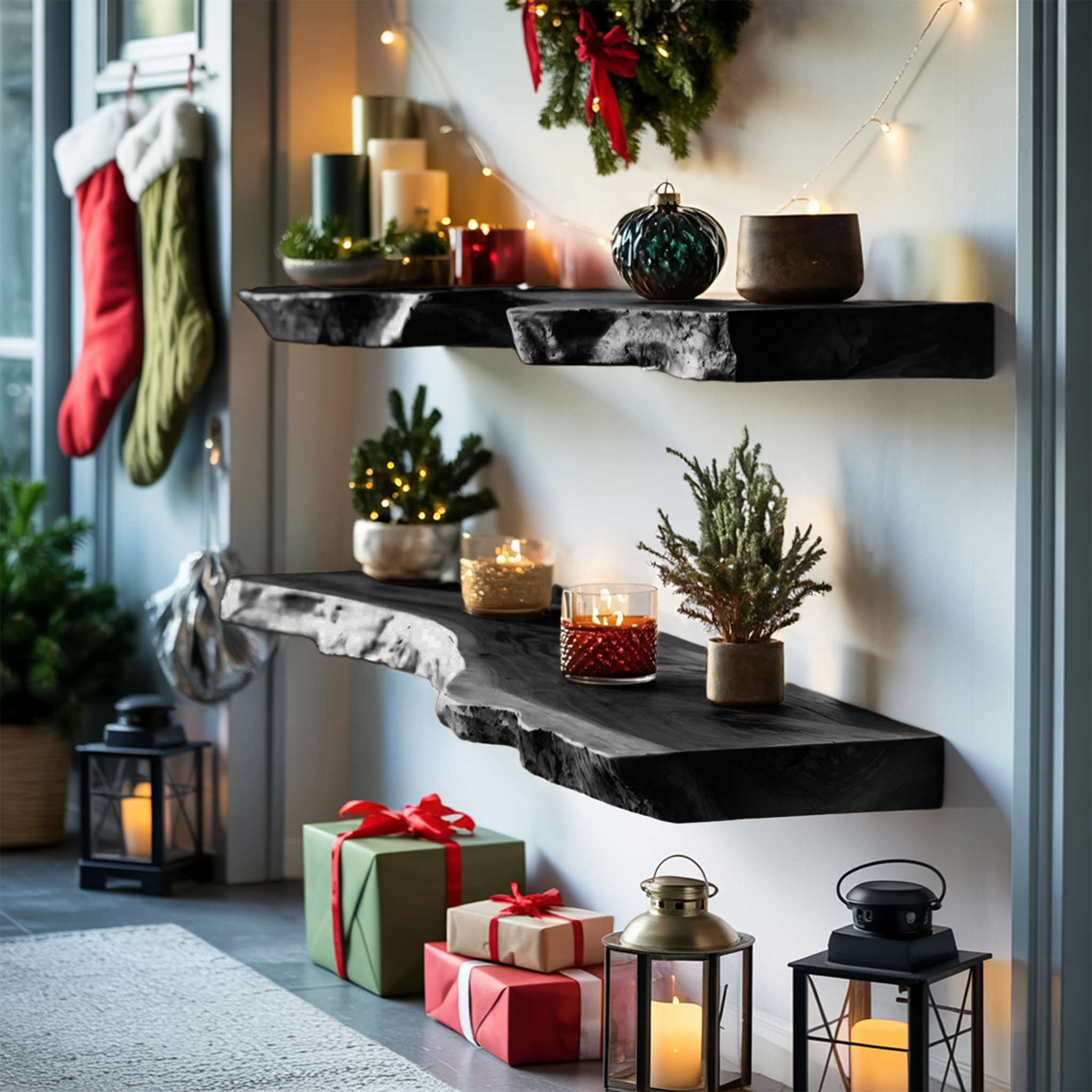 Mid Century Wooden Floating Shelf For Cozy Christmas Bedroom Setup SILDTTNCFL029