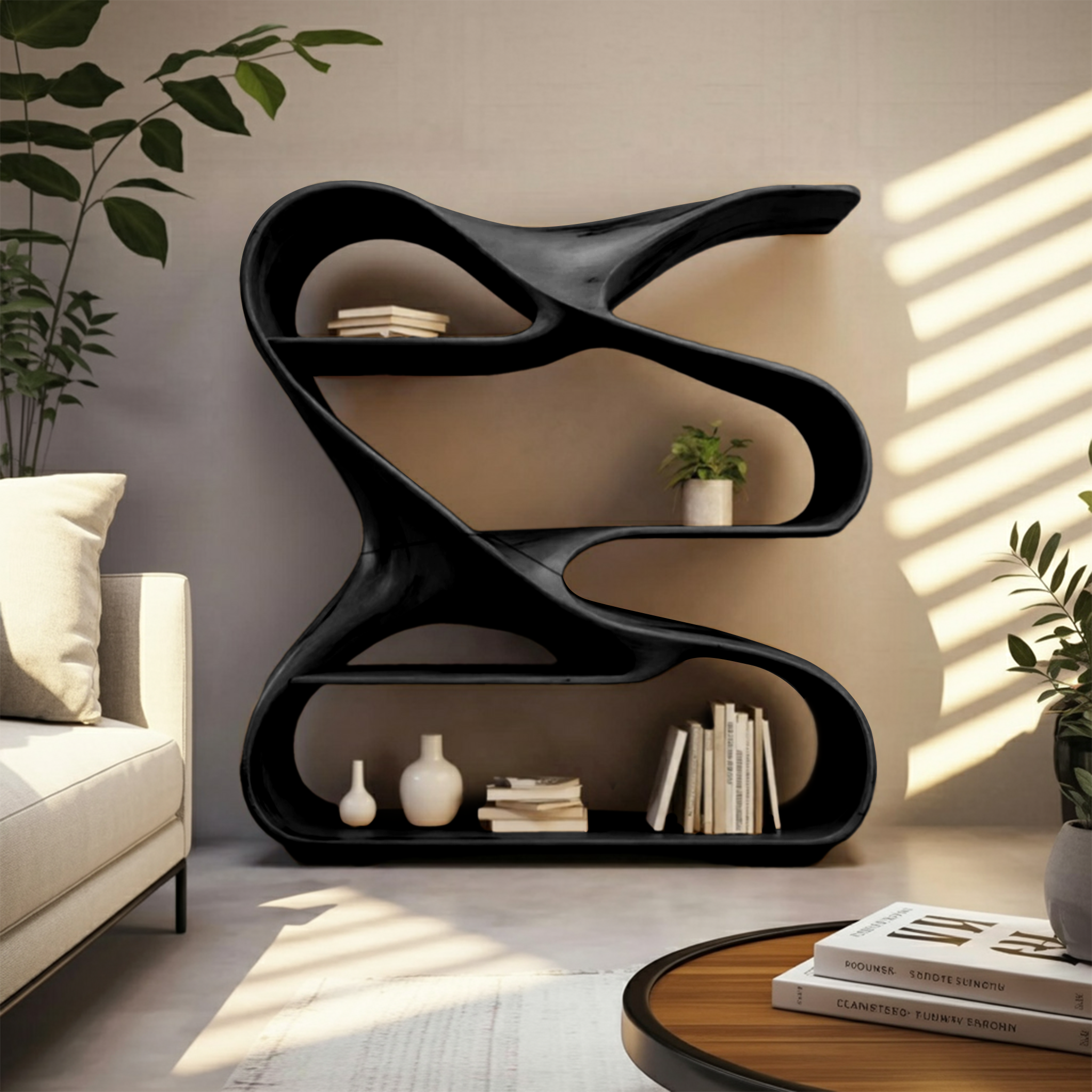 Modern Sculptural Wooden Bookshelf For Living Room Or Office Display SITHHNBS005