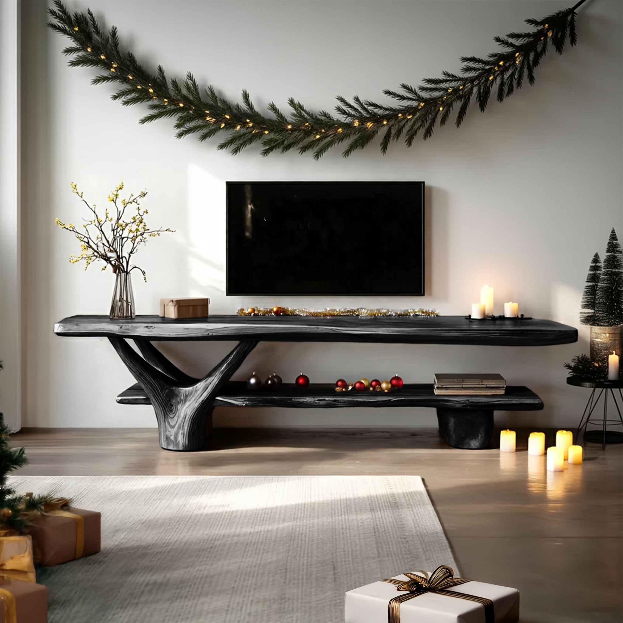 Handcrafted Wooden Live Edge TV Console For Holiday Entryway Design SILDTTNCTV011