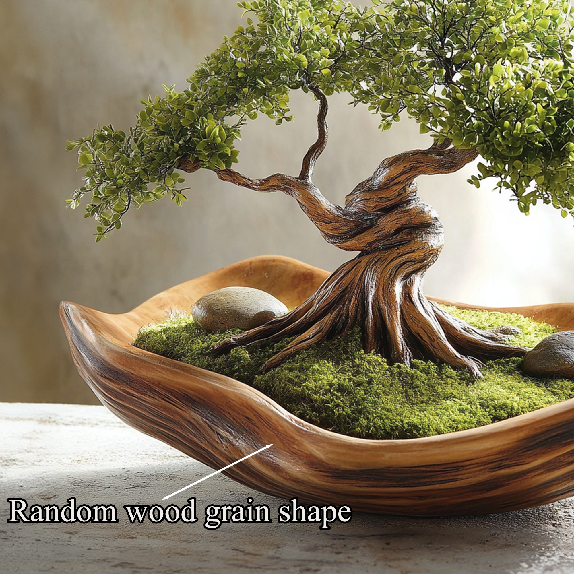 Solid Driftwood Bonsai Pot Artificial Moss Carpet SINLBD009