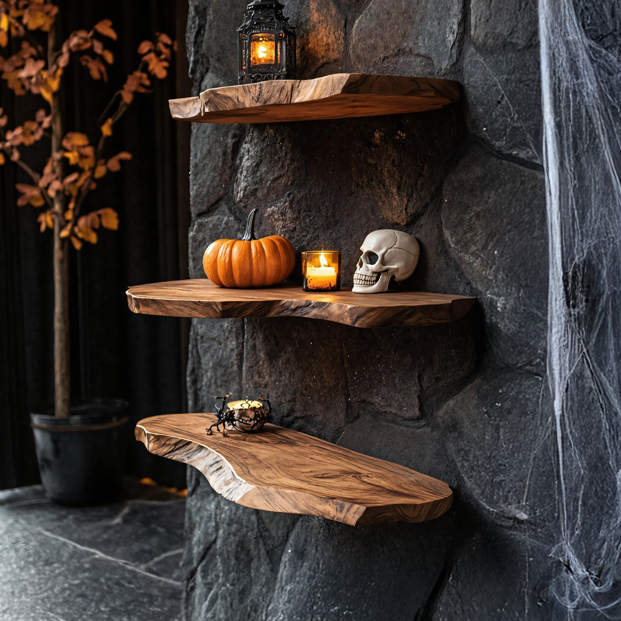 Handcrafted Solid Wood Shelf For Bedroom Decor And Cozy Halloween Ambience SILDTTRHFL017