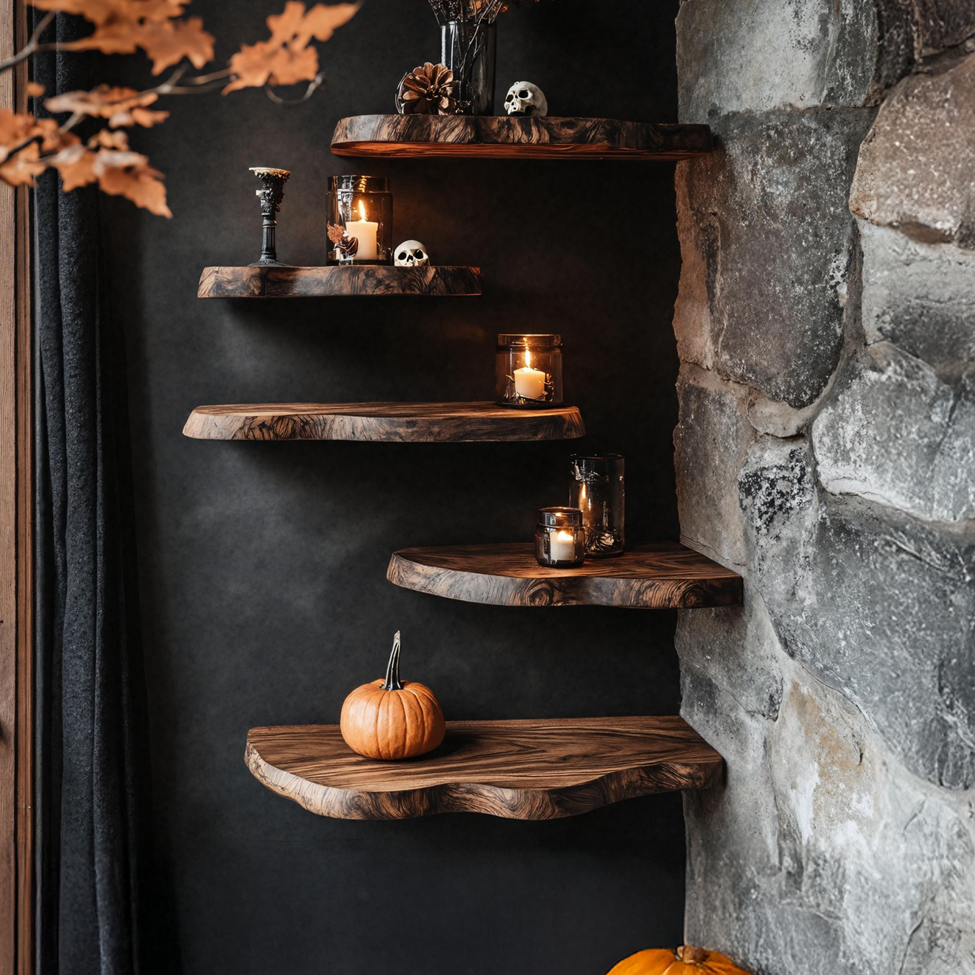 Rustic Wooden Floating Shelf For Entryway Design Vintage Halloween Look SILDTTRHFL002