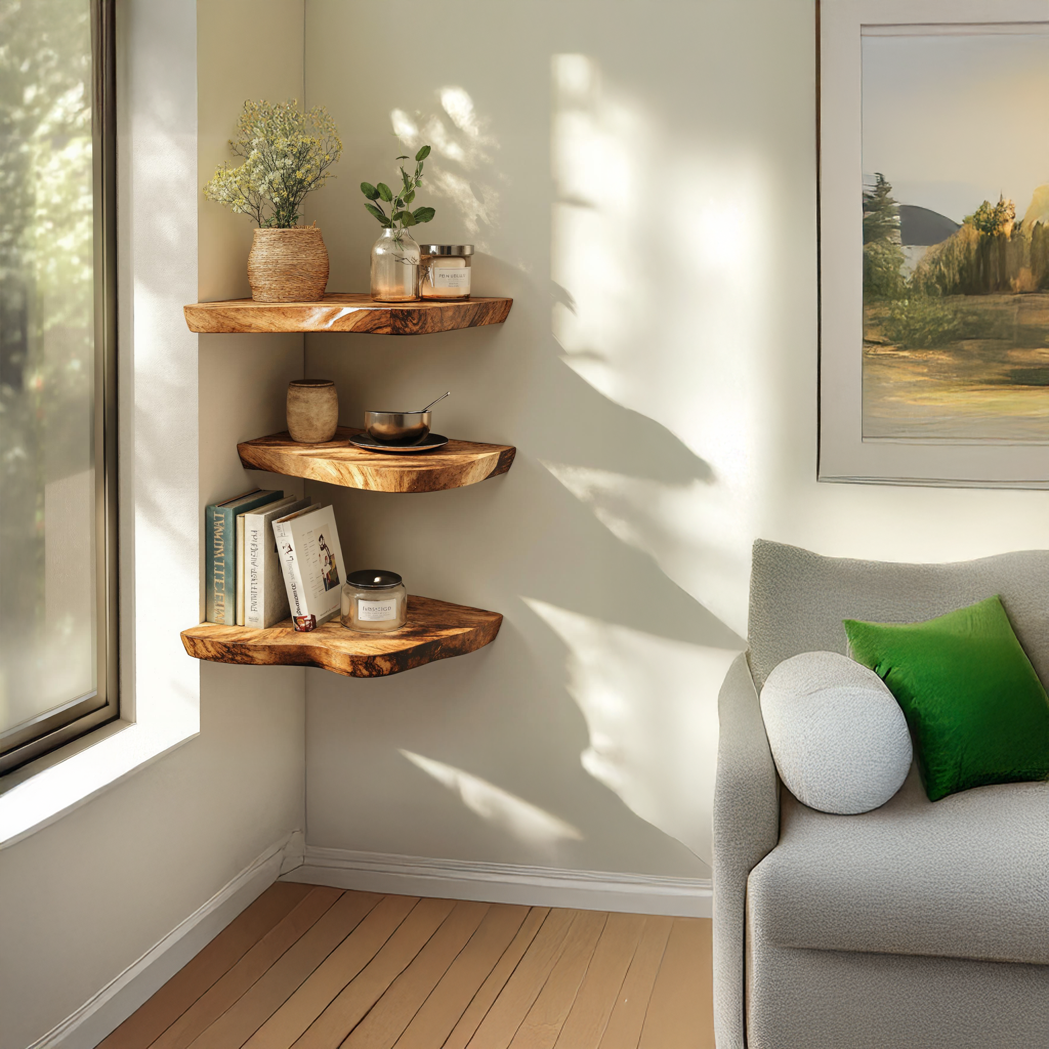 Farmhouse Style Live Edge Corner Shelves For Dining Room SILDTCN046