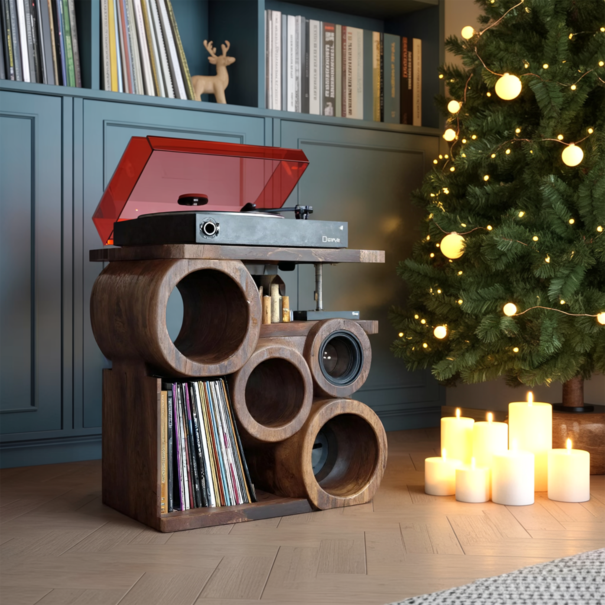 Farmhouse Solid Wood Record Stand For Rustic Christmas Home SILDTTNCRS010