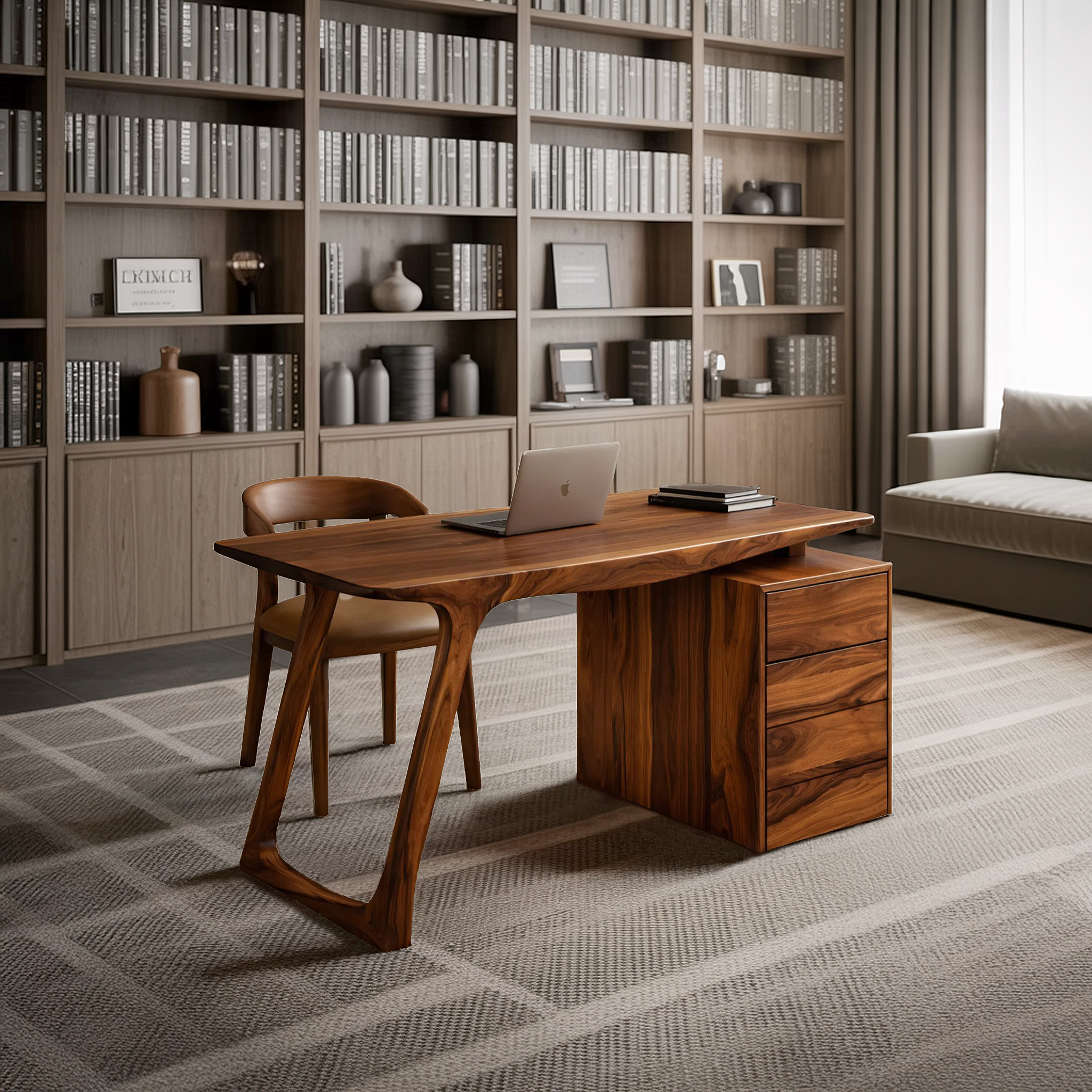 Contemporary Live Edge Office Desk With Storage Cabinet For Workspace SITHHNDE028
