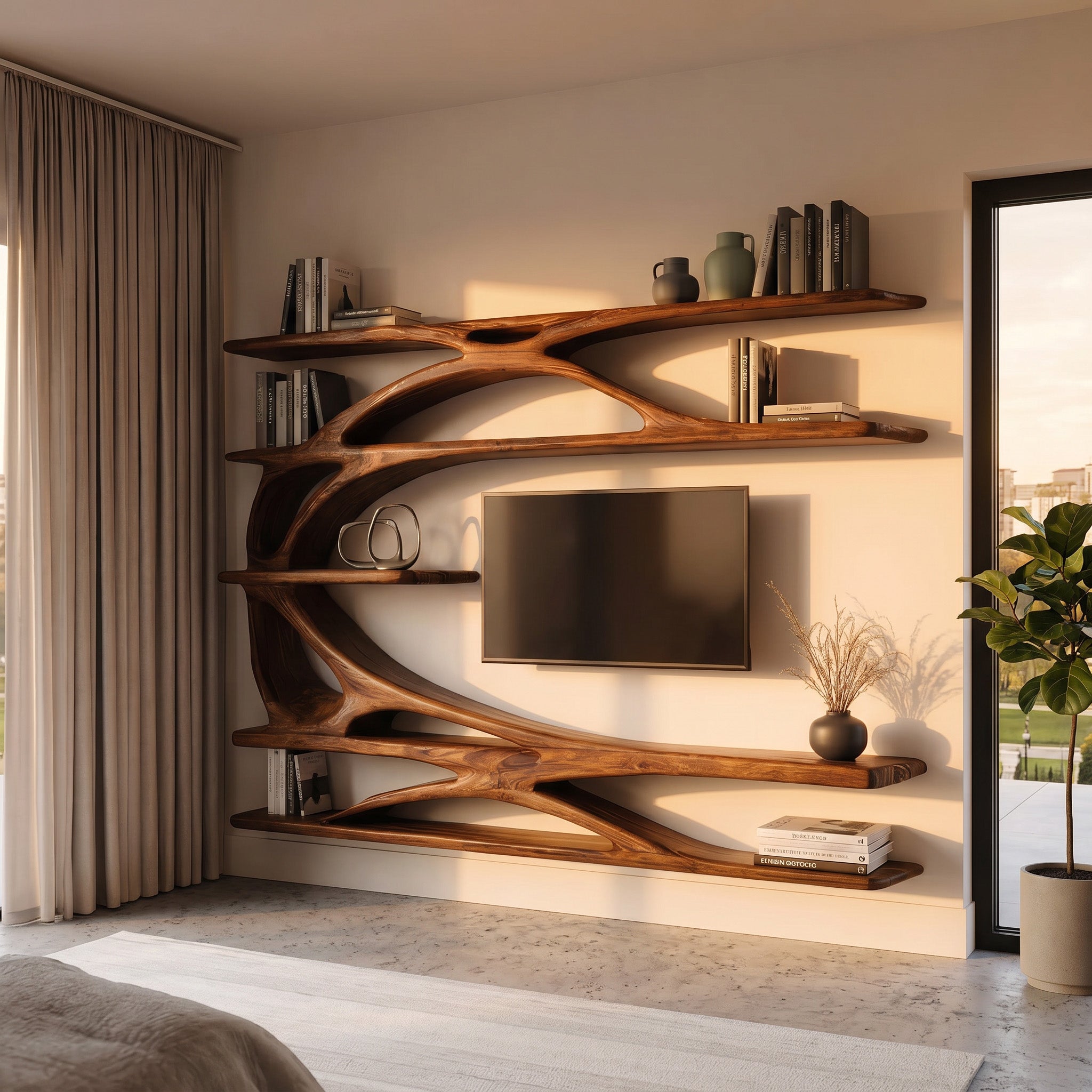Modern Wall Mounted TV Stand With Bookshelf For Living Room SITHHNTVC022