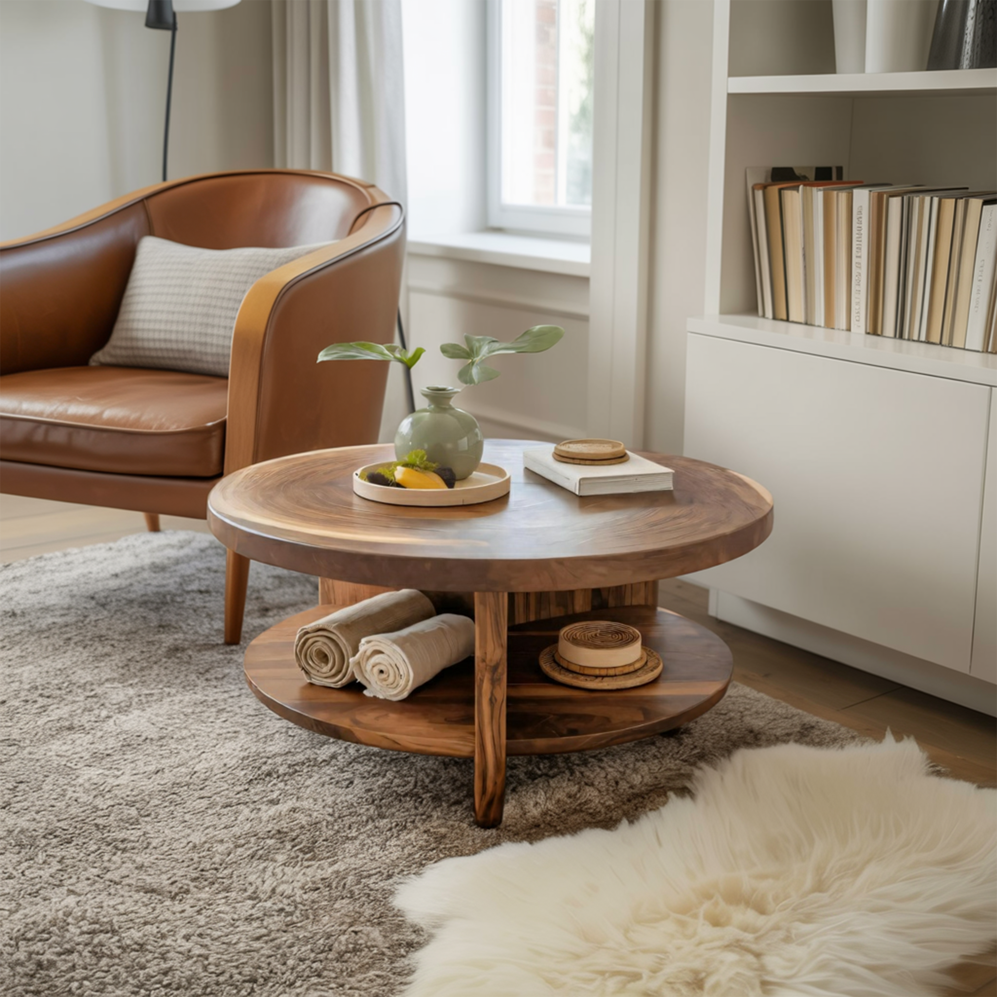 Modern Tropical Round Coffee Table With Shelf For Living Room SITHTTCF003
