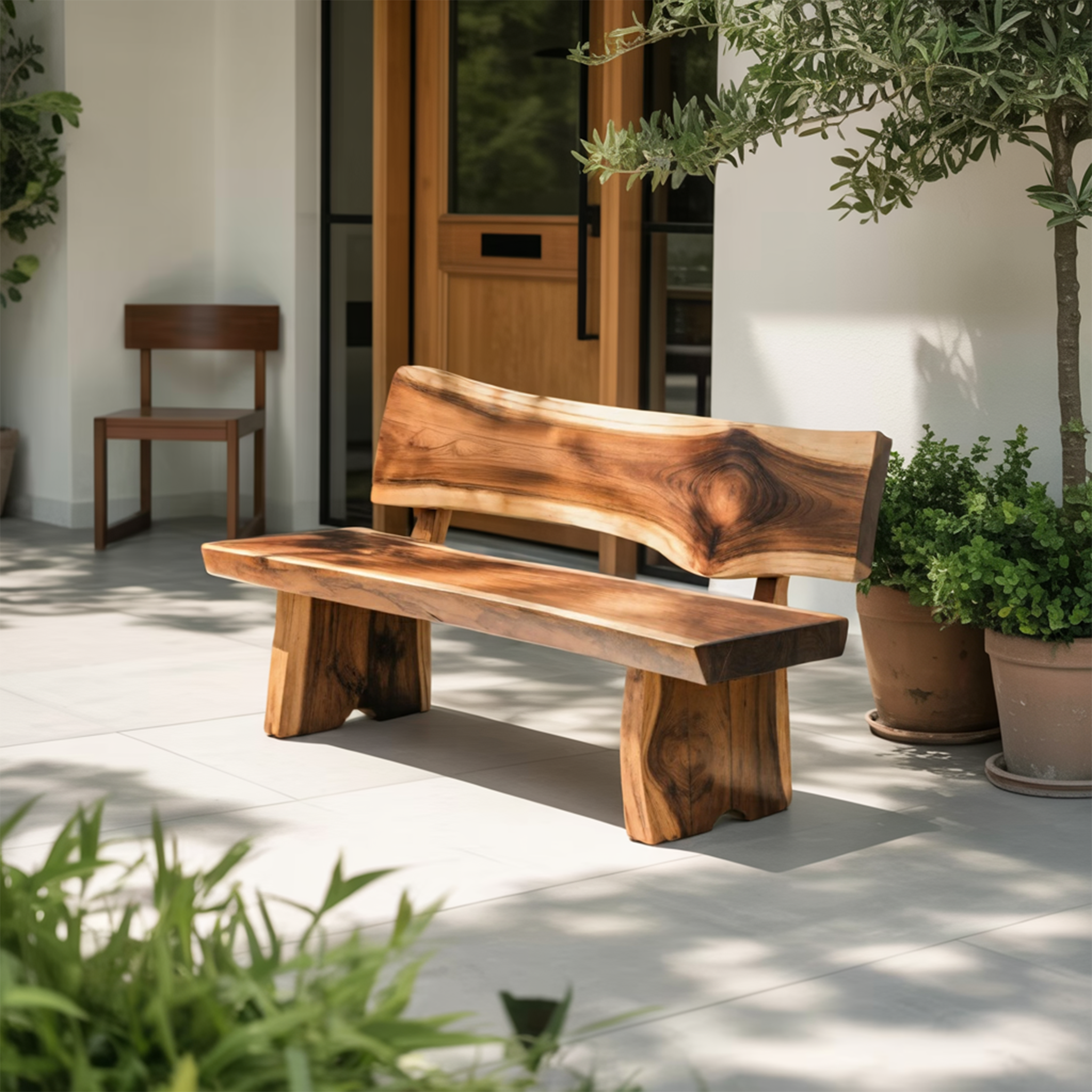 Contemporary Wood Bench With Sculpted Back For Patio Or Courtyard SITHTTCHR019