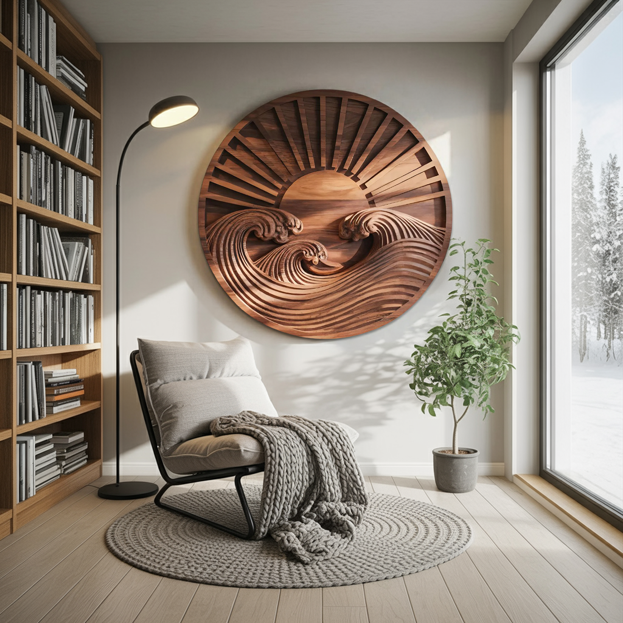 Round Wall Art With Carved Sun And Waves For Bedroom SITHTTWA011