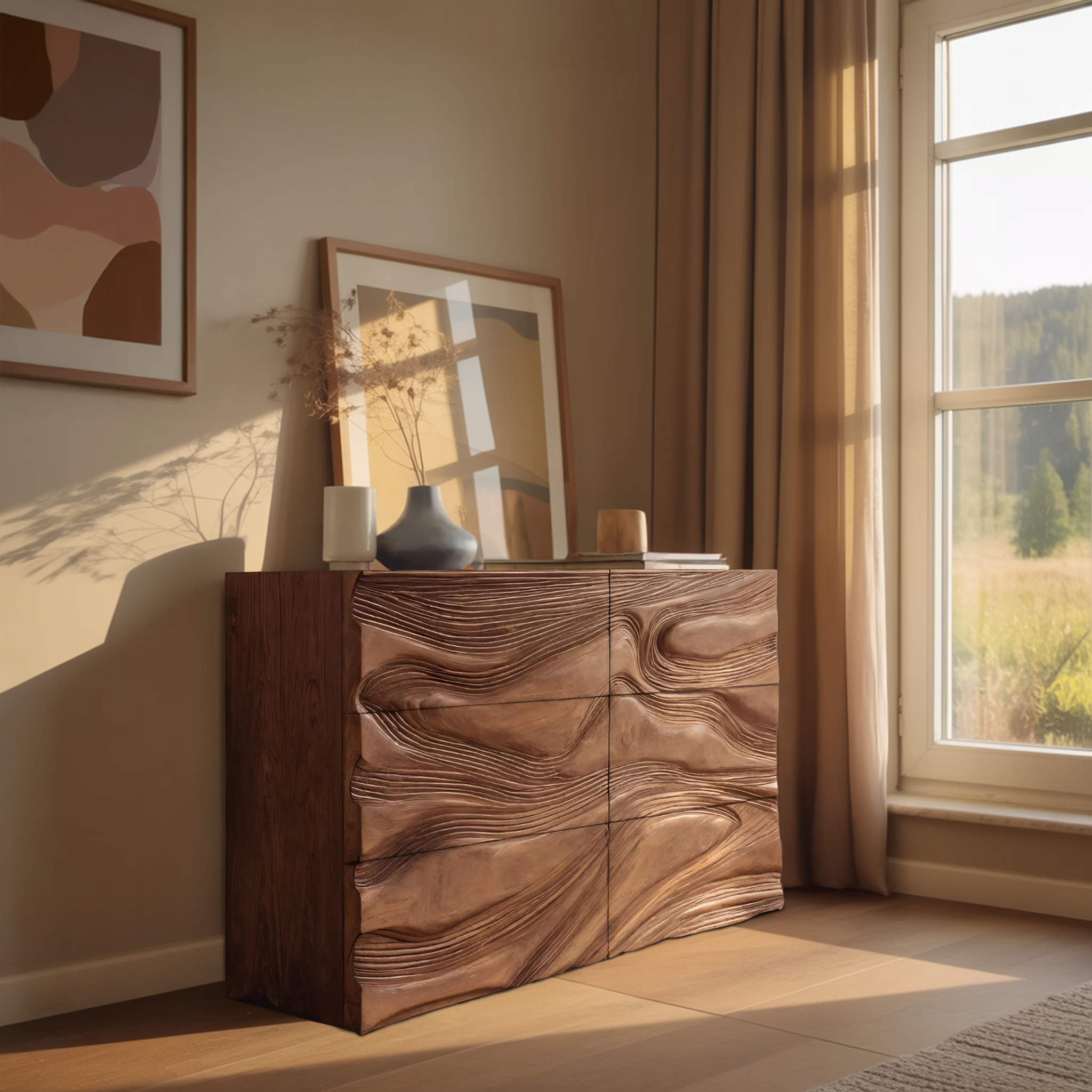 Minimalist Wooden Sideboard With Sculpted Wave Front For Living Decor RTTHHNSD010