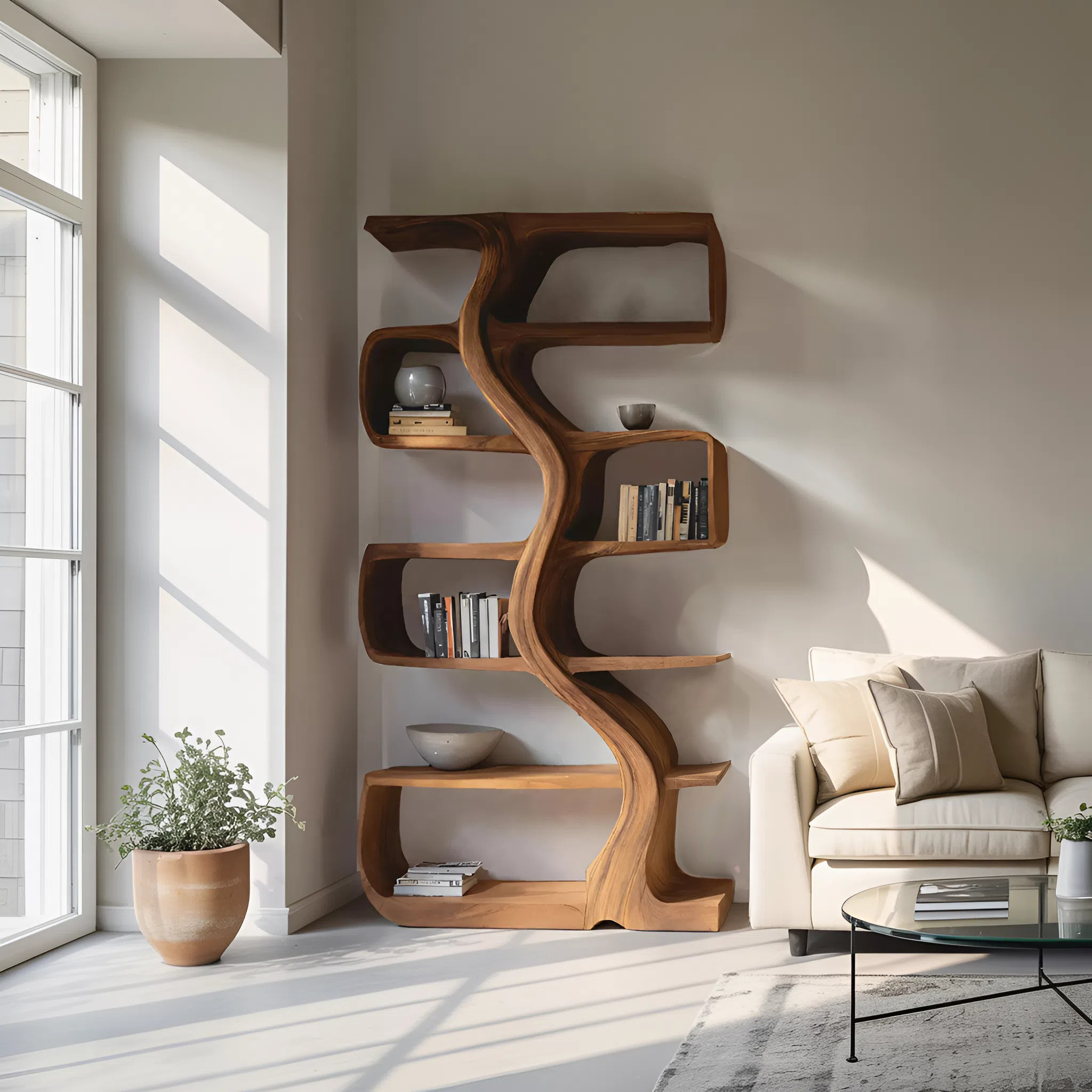 Organic Sculptural Bookshelf With Wavy Design For Living Room SITHHNBS069