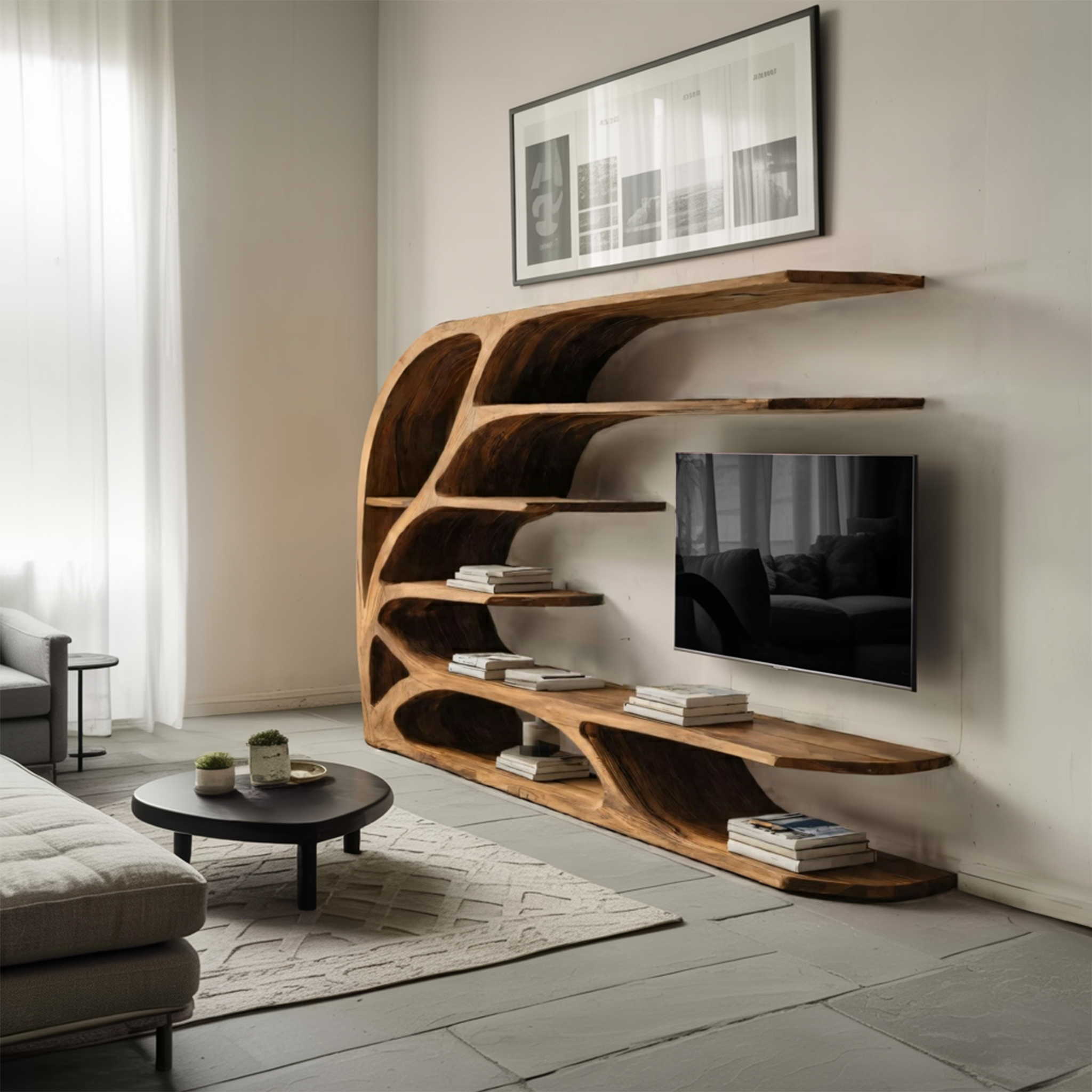 Modern Sculptural Wavy Carved Media Console For Living Room SITHHNTVC042