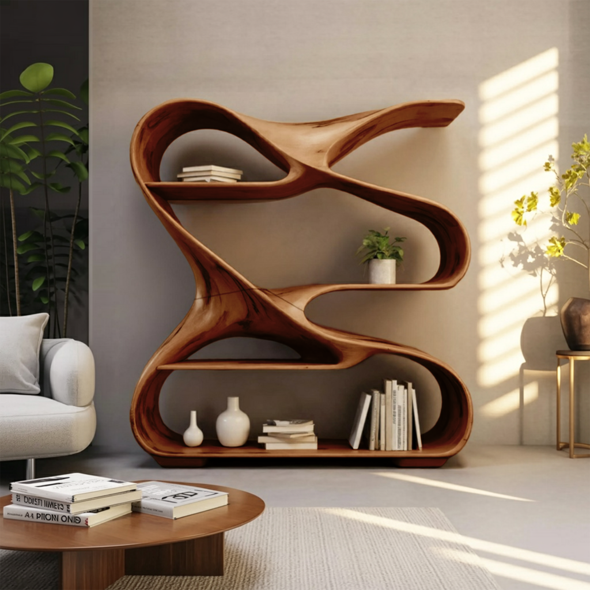 Modern Sculptural Wooden Bookshelf For Living Room Or Office Display SITHHNBS005