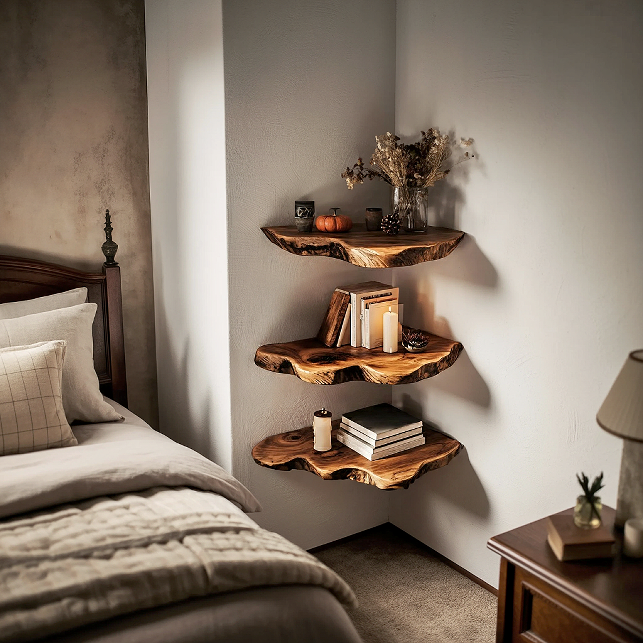 Handcrafted Wooden Live Edge Corner Shelf For Furniture Decor SILDTTRCN003