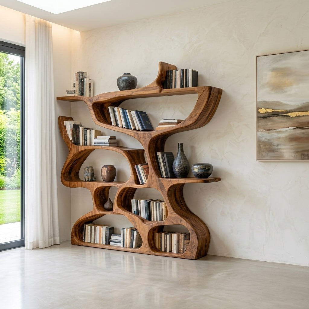 Modern Bookshelf With Organic Carved Design For Living Room Or Office SITHHNBS036