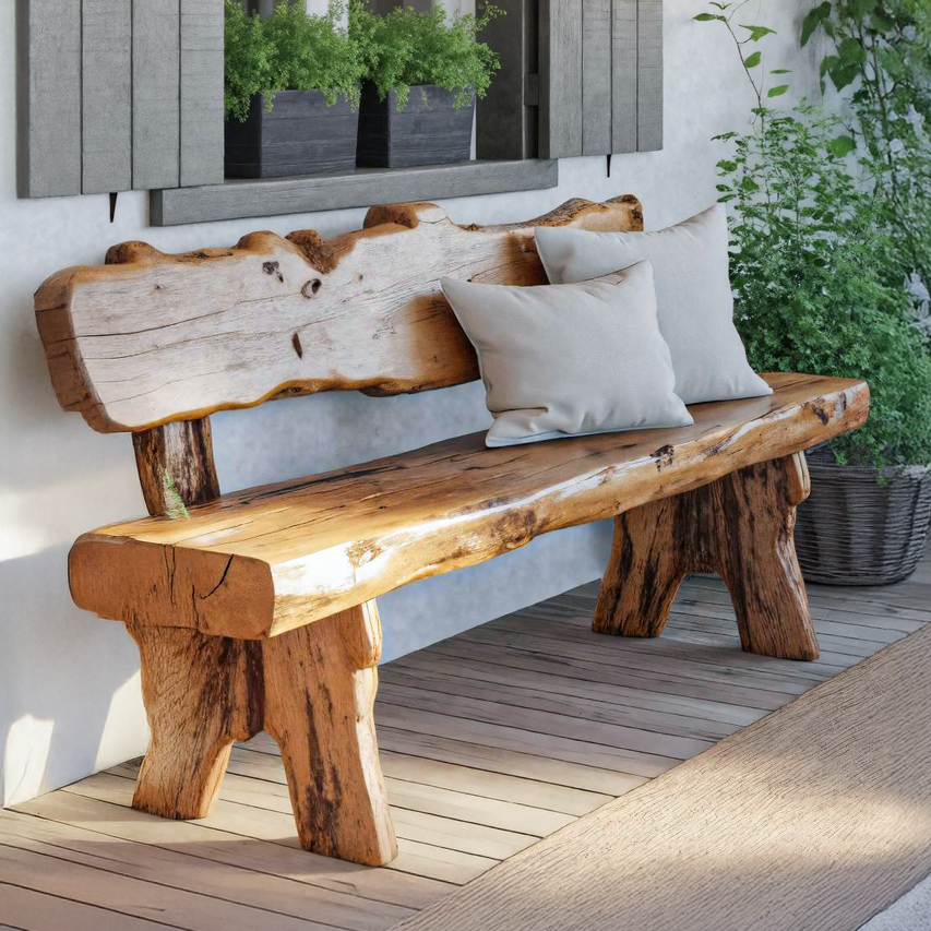 Rustic Live Edge Outdoor Wooden Bench With Backrest For Porch Or Garden SITHTTCHR033