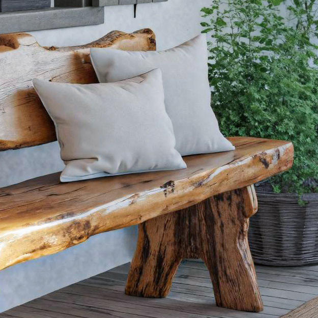 Rustic Live Edge Outdoor Wooden Bench With Backrest For Porch Or Garden SITHTTCHR033