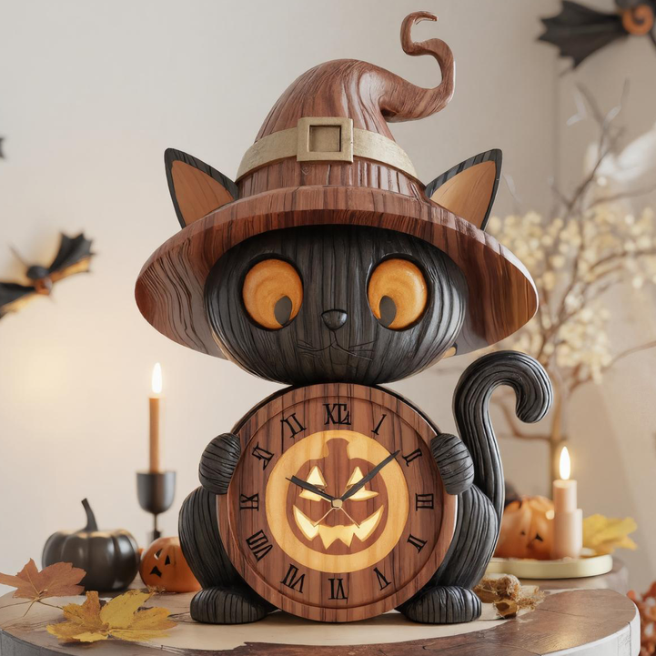 Wooden Black Cat Witch Clock with Pumpkin Face For Halloween Tabletop Or Mantel Decoration SITHTTHW002