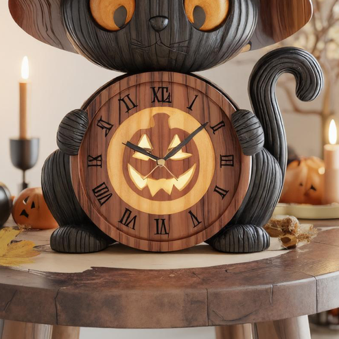 Wooden Black Cat Witch Clock with Pumpkin Face For Halloween Tabletop Or Mantel Decoration SITHTTHW002