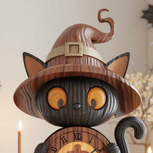 Wooden Black Cat Witch Clock with Pumpkin Face For Halloween Tabletop Or Mantel Decoration SITHTTHW002