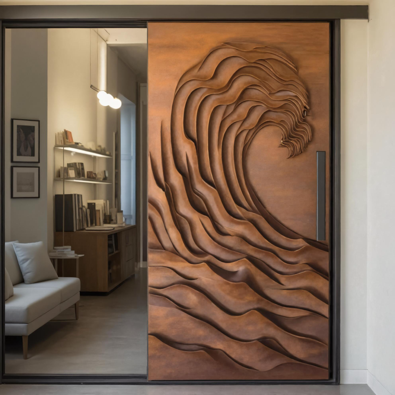Artistic Wave Pattern Sliding Wood Door For Modern Interior Living Room Or Studio Entrance Decor SITHHNDOR009
