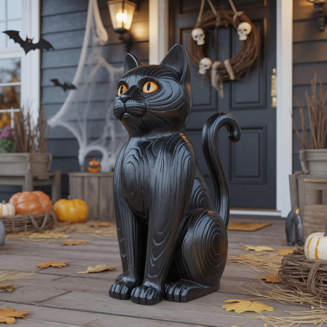 Black Cat Wooden Halloween Statue For Porch Or Outdoor Decor SITHTTHW001