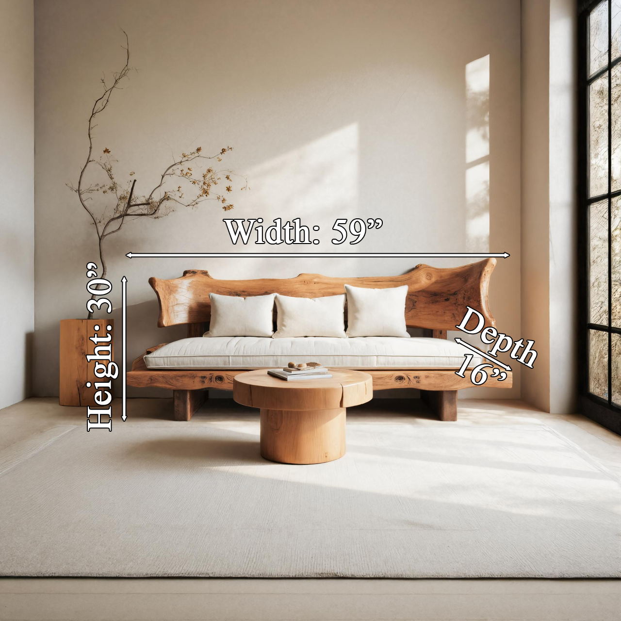 Rustic Solid Wood Sofa With Natural Edge Backrest For Living Room Or Lounge SITHTTSF002