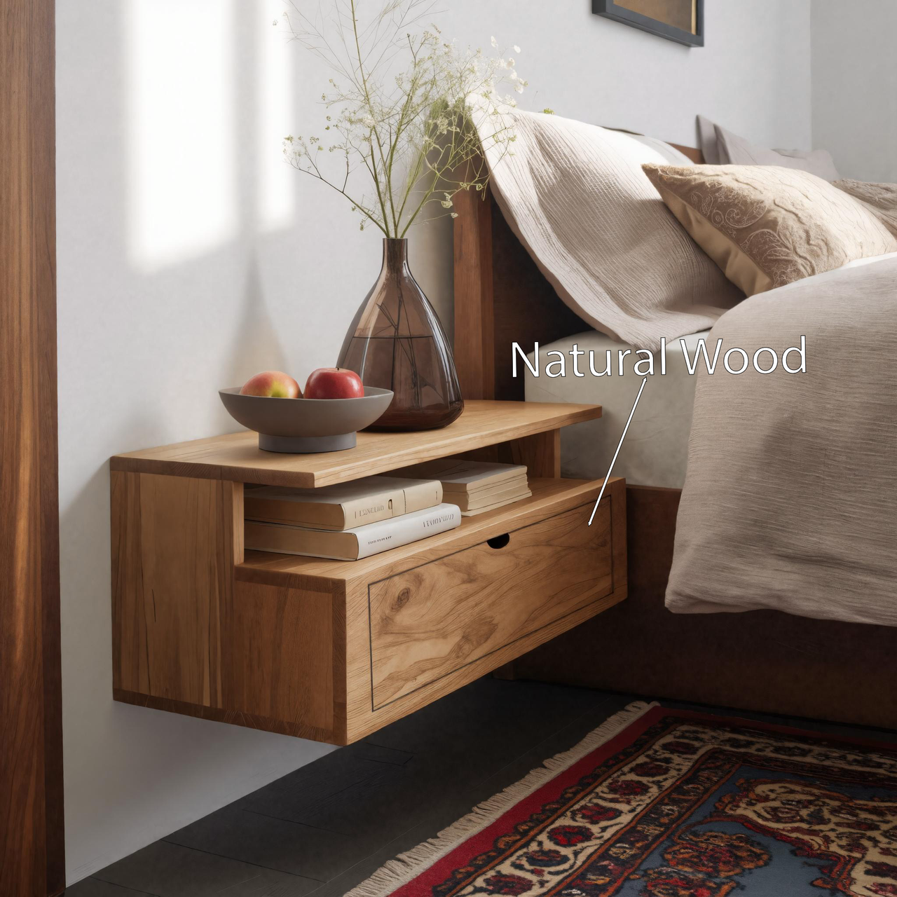 Floating Wooden Nightstand With Drawer And Shelf For Minimalist Bedroom SITHHNNS008