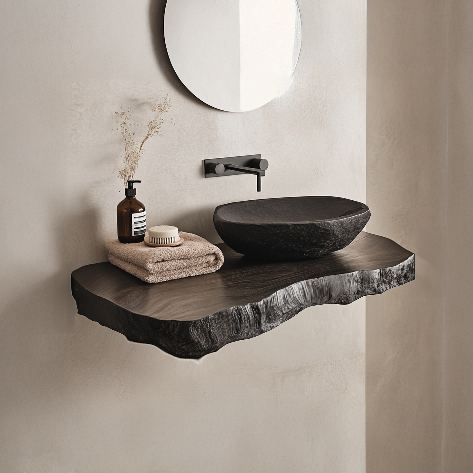 Black Live Edge Wood Floating Vanity Stone Vessel Sink SINLBRV031