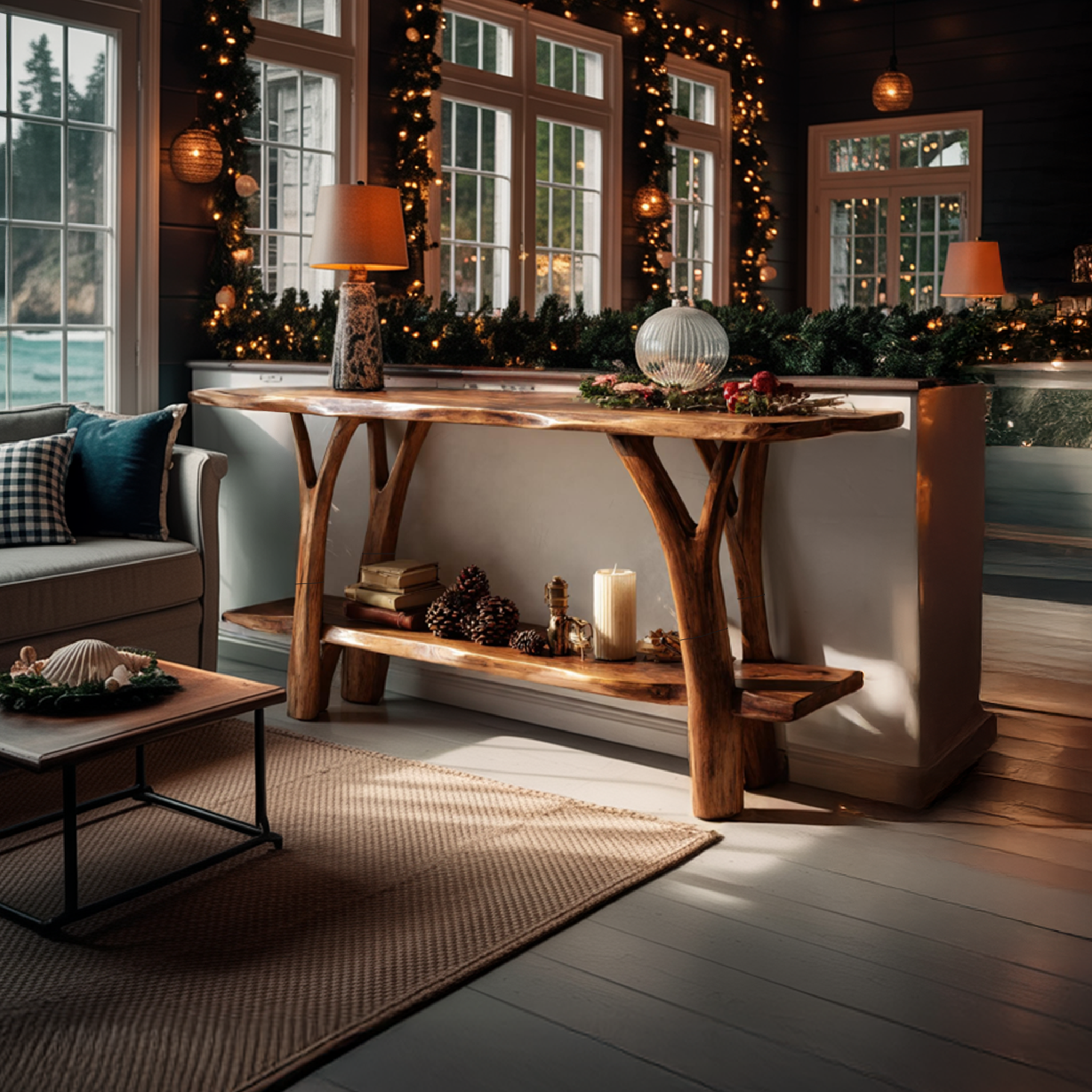 Mid Century Wooden Live Edge Console Table For Holiday Christmas Entryway SILDTTRCSC041