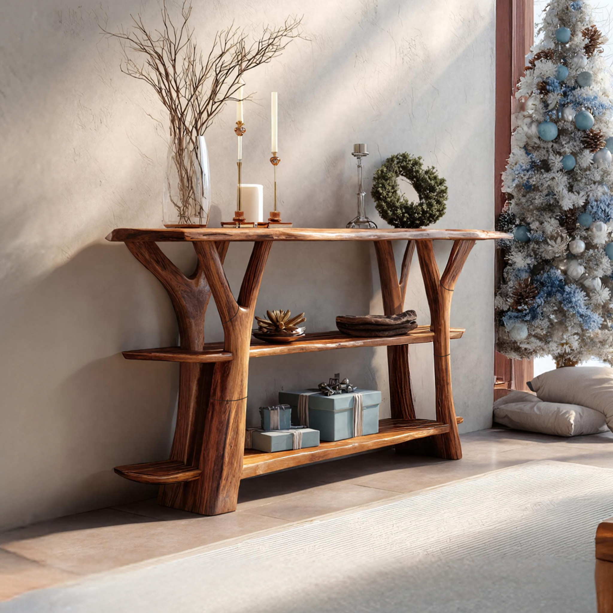 Modern Wooden Live Edge Console Table For Holiday Furniture Decor Xmas SILDTTRCSC012