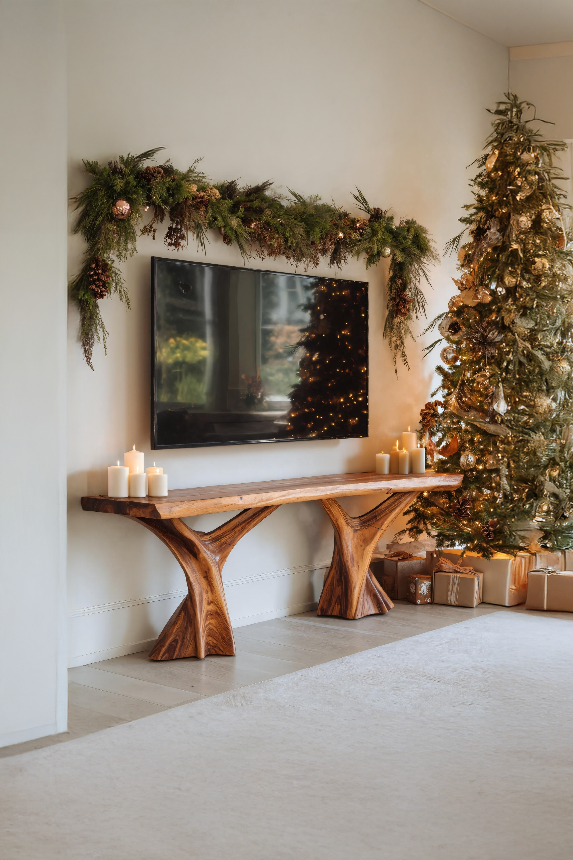 Handcrafted Wooden Live Edge TV Console For Winter Decor Gift SILDTTRCTV043